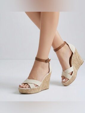 MIA White/Cream Woven Espadrille Wedges with Tan Ankle Strap